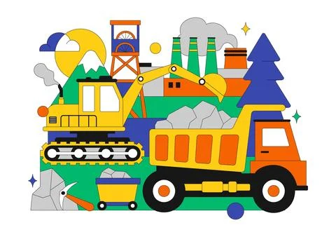 Mining Company Vector Illustration Featuring Heavy Yellow Dumper Trucks for.. Stock Illustration