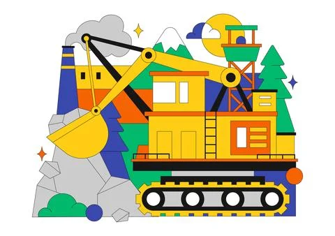 Mining Company Vector Illustration Featuring Heavy Yellow Dumper Trucks for.. Stock Illustration