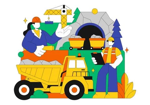 Mining Company Vector Illustration Featuring Heavy Yellow Dumper Trucks for.. イラスト素材