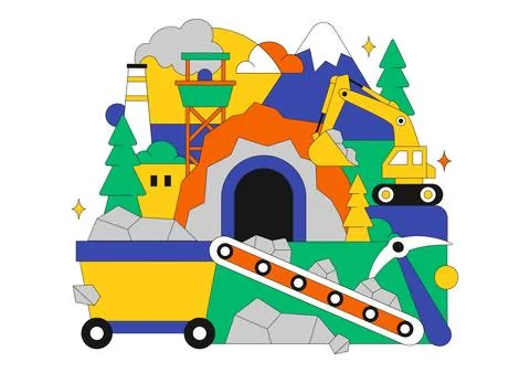 Mining Company Vector Illustration Featuring Heavy Yellow Dumper Trucks for.. Stock Illustration