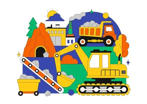Mining Company Vector Illustration Featuring Heavy Yellow Dumper Trucks for.. Stock Illustration