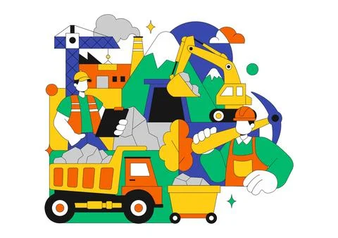 Mining Company Vector Illustration Featuring Heavy Yellow Dumper Trucks for.. Stock Illustration