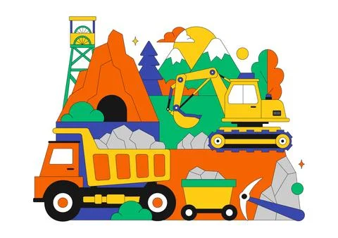 Mining Company Vector Illustration Featuring Heavy Yellow Dumper Trucks for.. イラスト素材