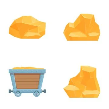 Mining concept icons set cartoon vector. Cart full of gold nugget Stock Illustration