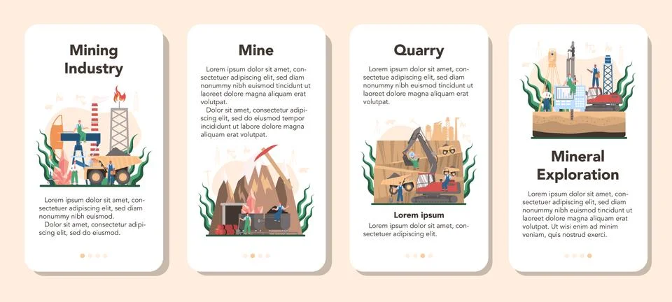 Mining concept mobile application banner set. Mineral and natural resources Stock Illustration