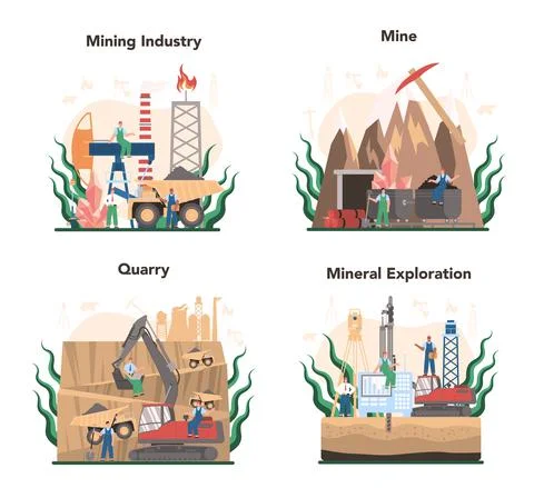 Mining concept set. Mineral and natural resources extraction. Worker in uniform Stock Illustration