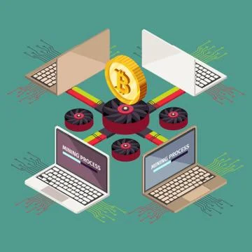 Mining cryptocurrency blockchain crypto money decorative elements isometric Stock Illustration