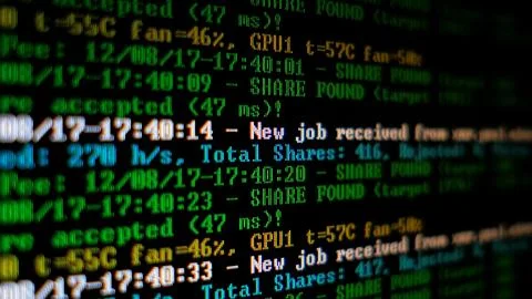 Mining Cryptocurrency process program on display PC. Using Software. Share Found Foto stock