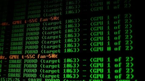 Mining Cryptocurrency process program on display PC. Using Software. Share Found Stock Photos