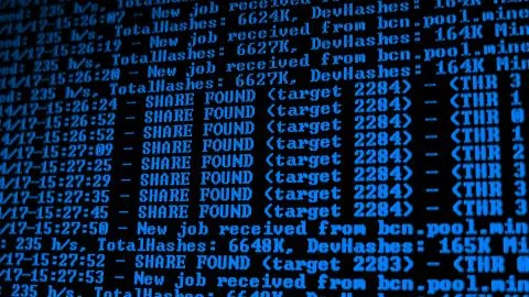 Mining Cryptocurrency process program on display PC. Using Software. Share Found 写真素材