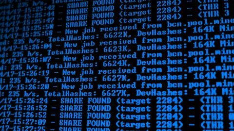 Mining Cryptocurrency process program on display PC. Using Software. Share Found Foto stock