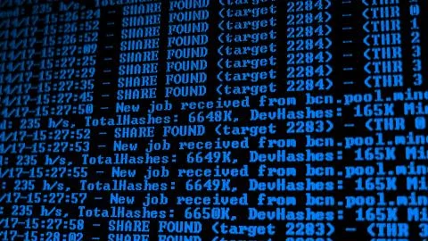 Mining Cryptocurrency process program on display PC. Using Software. Share Found Foto stock