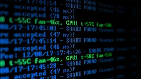 Mining Cryptocurrency process program on display PC. Using Software. Share Found Stock-Fotos