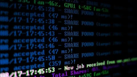 Mining Cryptocurrency process program on display PC. Using Software. Share Found Stock Photos