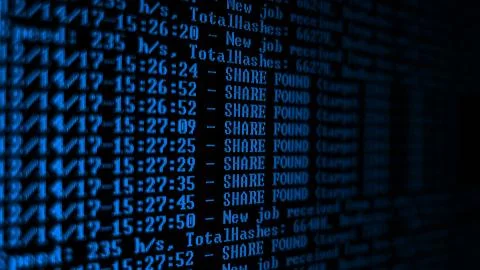 Mining Cryptocurrency process program on display PC. Using Software. Share Found 写真素材