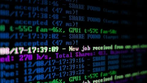 Mining Cryptocurrency process program on display PC. Using Software. Share Found Stock Photos