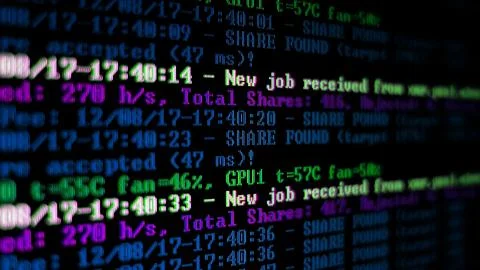 Mining Cryptocurrency process program on display PC. Using Software. Share Found 写真素材