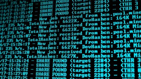 Mining Cryptocurrency process program on display PC. Using Software. Share Found 写真素材