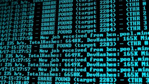 Mining Cryptocurrency process program on display PC. Using Software. Share Found Foto stock