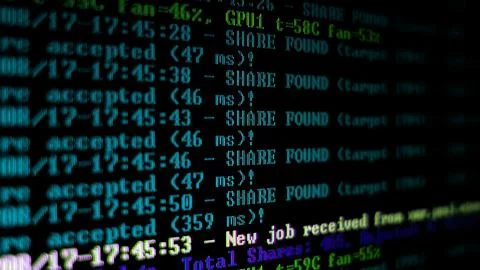 Mining Cryptocurrency process program on display PC. Using Software. Share Found Foto stock