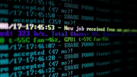 Mining Cryptocurrency process program on display PC. Using Software. Share Found Stockfoto's