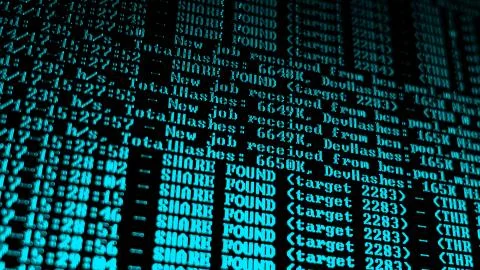 Mining Cryptocurrency process program on display PC. Using Software. Share Found Foto stock