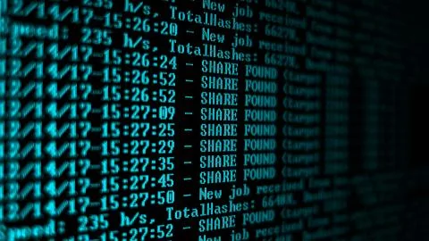 Mining Cryptocurrency process program on display PC. Using Software. Share Found Foto stock