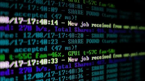 Mining Cryptocurrency process program on display PC. Using Software. Share Found Stock Photos