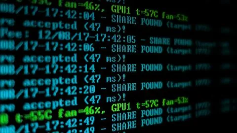 Mining Cryptocurrency process program on display PC. Using Software. Share Found Stock Photos