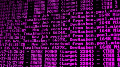 Mining Cryptocurrency process program on display PC. Using Software. Share Found Foto stock