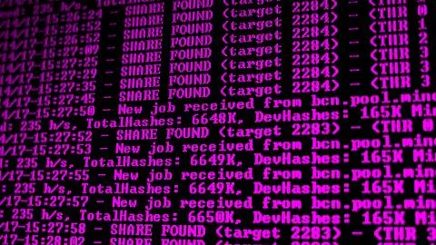 Mining Cryptocurrency process program on display PC. Using Software. Share Found Fotos de archivo