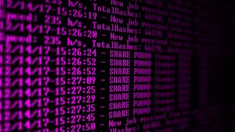 Mining Cryptocurrency process program on display PC. Using Software. Share Found Stockfoto's