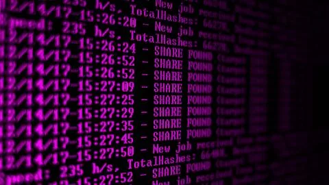 Mining Cryptocurrency process program on display PC. Using Software. Share Found Foto stock