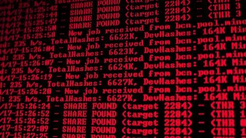 Mining Cryptocurrency process program on display PC. Using Software. Share Found Foto stock