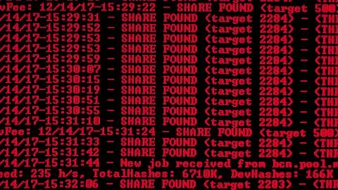 Mining Cryptocurrency process program on display PC. Using Software. Share Found Foto stock