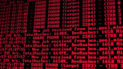 Mining Cryptocurrency process program on display PC. Using Software. Share Found Foto stock