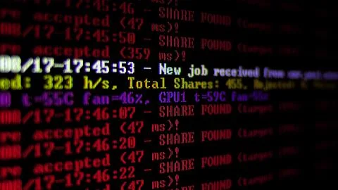 Mining Cryptocurrency process program on display PC. Using Software. Share Found Stockfoto's