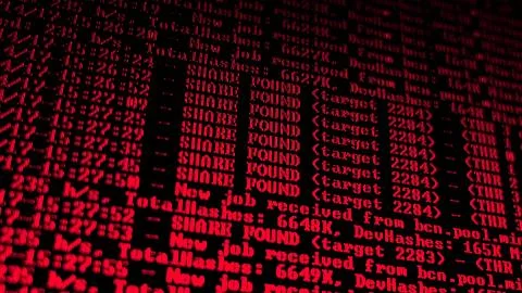 Mining Cryptocurrency process program on display PC. Using Software. Share Found Foto stock