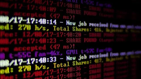 Mining Cryptocurrency process program on display PC. Using Software. Share Found Foto stock