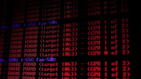 Mining Cryptocurrency process program on display PC. Using Software. Share Found Foto stock