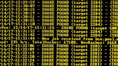Mining Cryptocurrency process program on display PC. Using Software. Share Found Foto stock