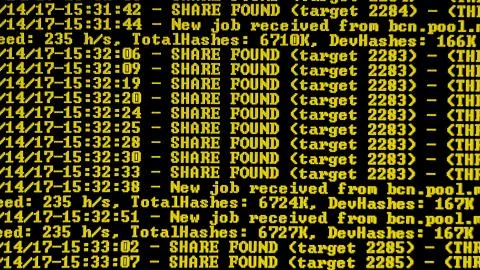 Mining Cryptocurrency process program on display PC. Using Software. Share Found Foto stock