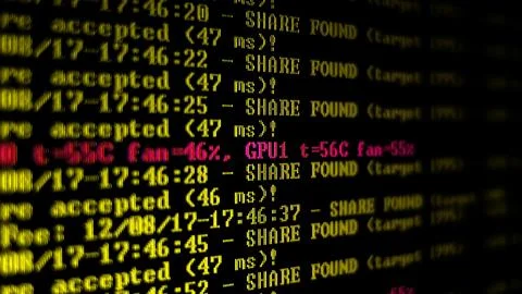 Mining Cryptocurrency process program on display PC. Using Software. Share Found Foto stock