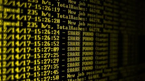 Mining Cryptocurrency process program on display PC. Using Software. Share Found Foto stock