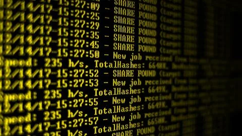 Mining Cryptocurrency process program on display PC. Using Software. Share Found Foto stock