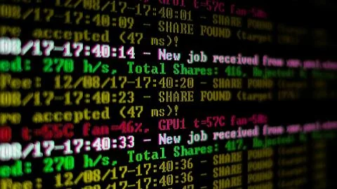 Mining Cryptocurrency process program on display PC. Using Software. Share Found 写真素材