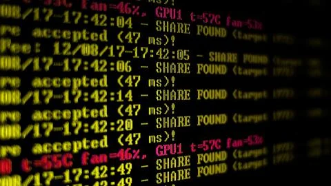 Mining Cryptocurrency process program on display PC. Using Software. Share Found Stockfoto's