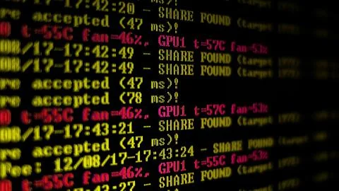 Mining Cryptocurrency process program on display PC. Using Software. Share Found Foto stock