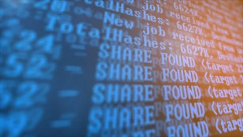 Mining Cryptocurrency process program on display PC. Using Software. Share Found Foto stock