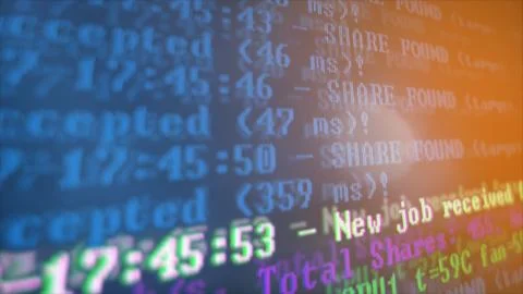 Mining Cryptocurrency process program on display PC. Using Software. Share Found Foto stock